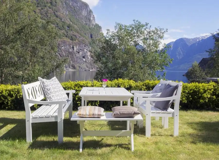Garden seating overlooking Aurlandsfjord